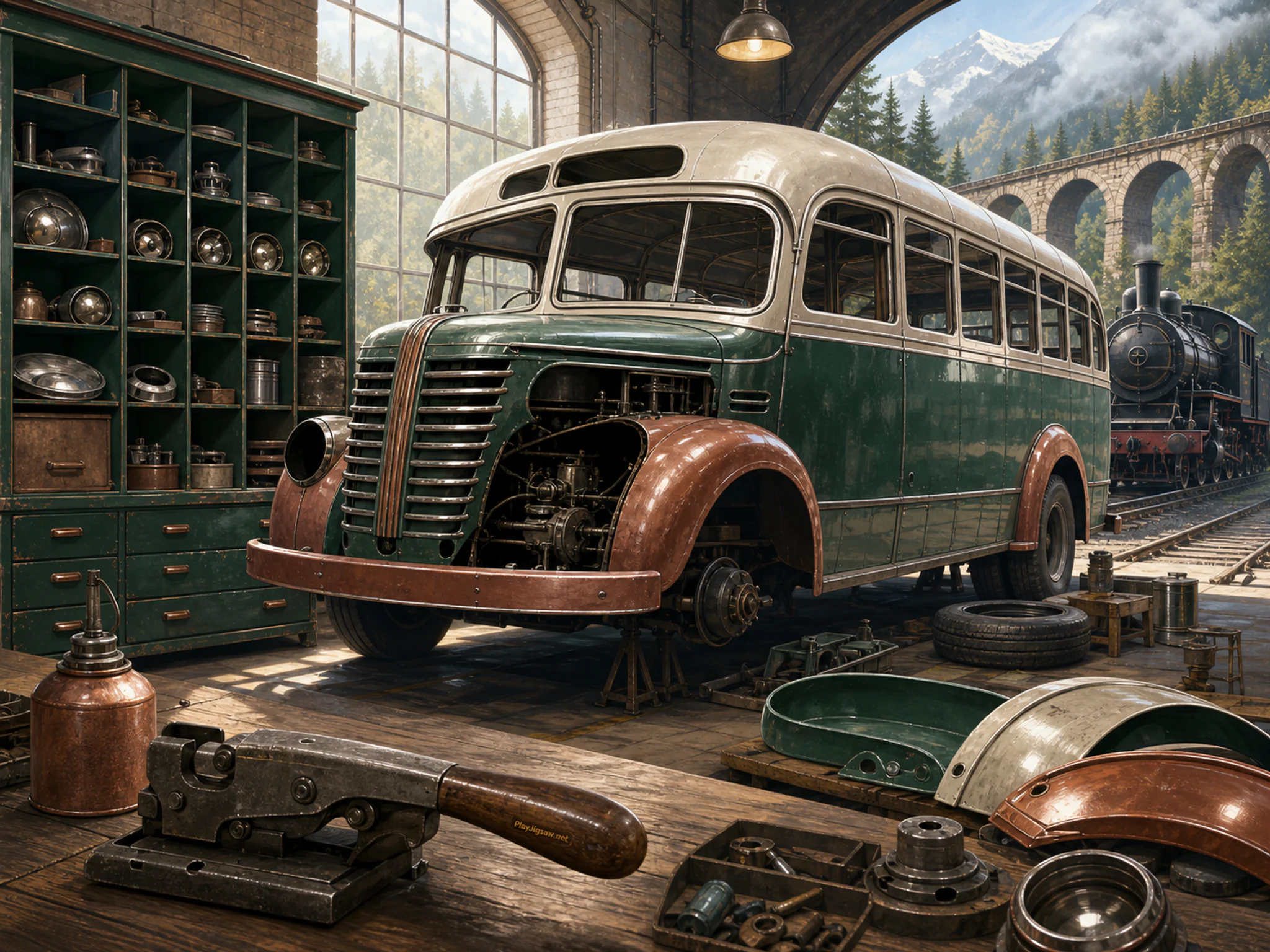 Bus Restoration waiting under enameled parts cabinet in a scenic rail corridor, with layered scenery and bright diffused window light.
