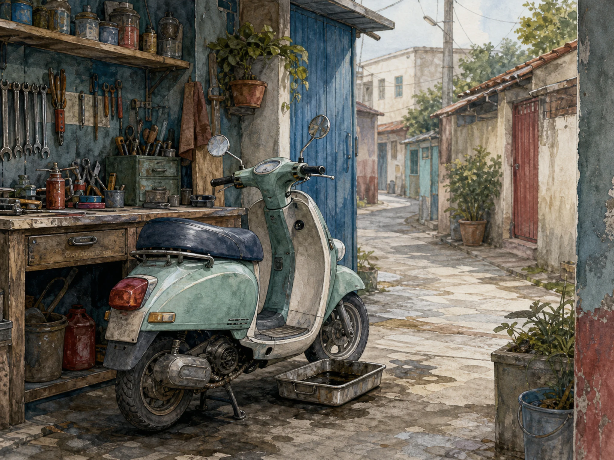 scooter garage parked or serviced beside a small metal oil tray in a scooter-repair corner in a narrow residential lane, with familiar objects and soft overcast afternoon.