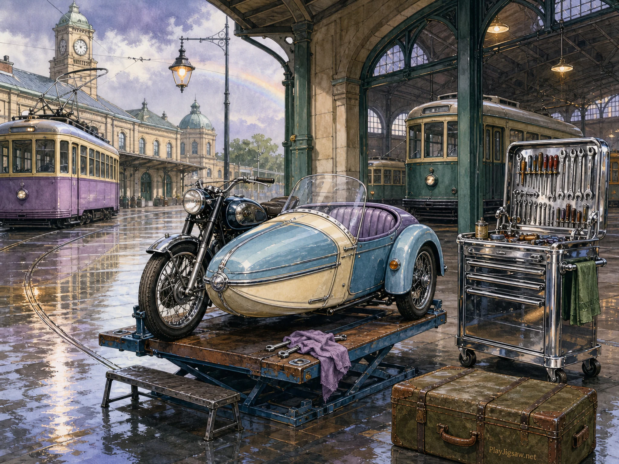Sidecar Workshop serviced beside chrome tool stand in a historic transit depot, with layered scenery and gentle rain with crisp reflections.