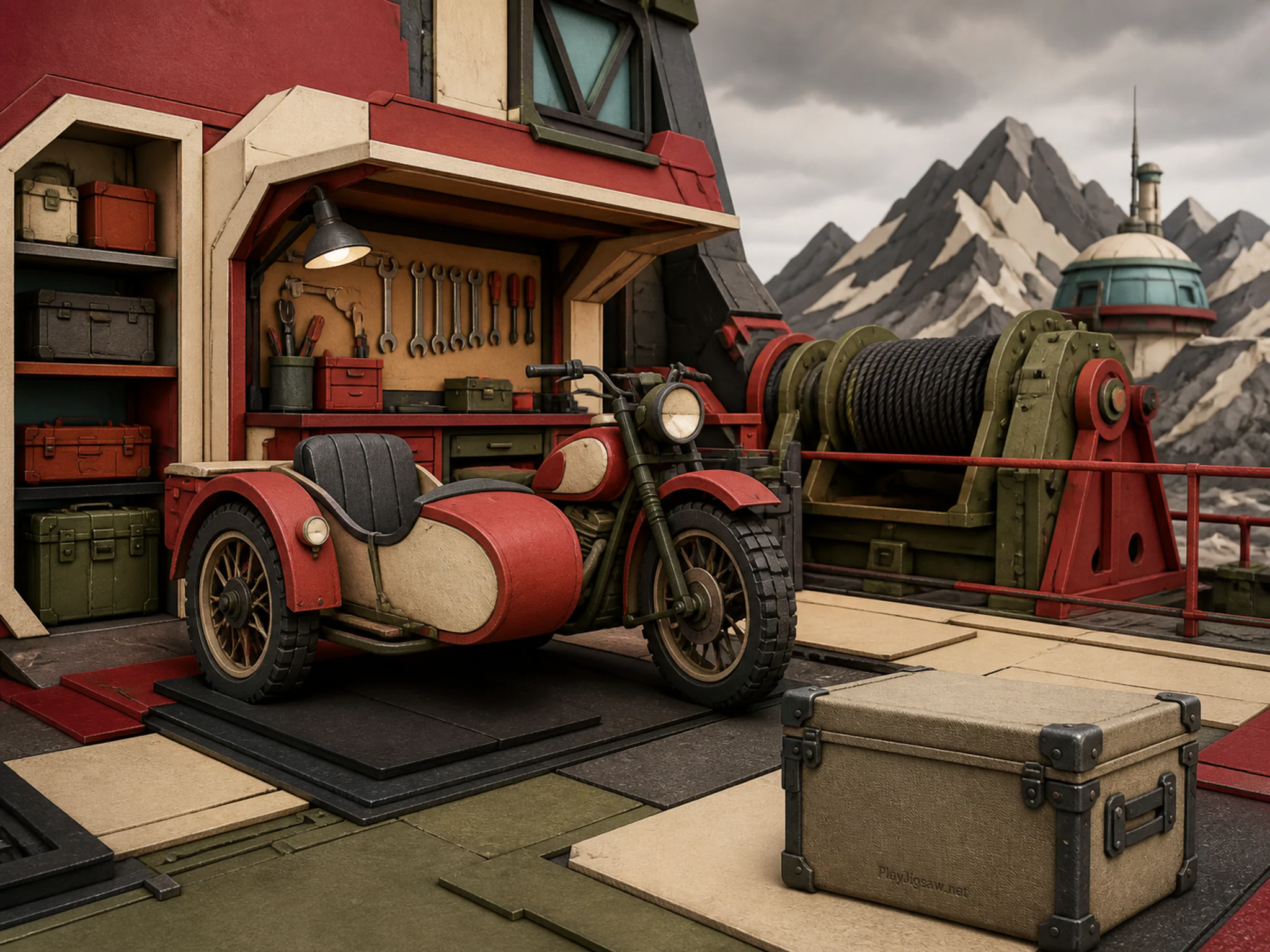 Sidecar Workshop mounted near heavy recovery winch in a specialized exploration station, with layered scenery and soft overcast afternoon.