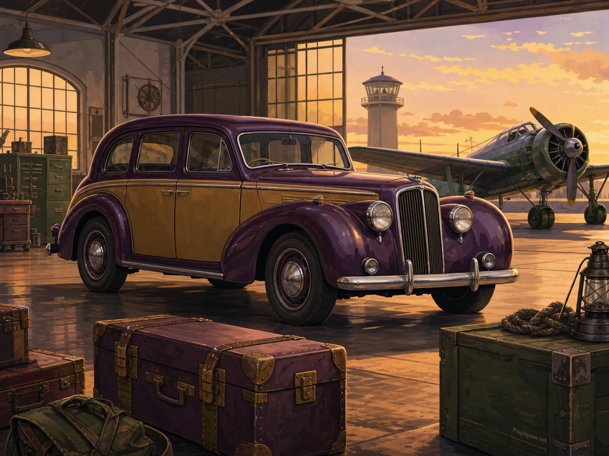 Taxi Garage parked above painted luggage trunk in a bright aviation hangar, with layered scenery and golden lamplight at dusk.