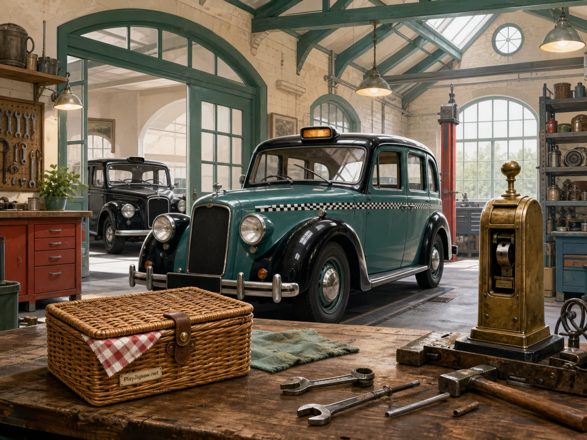 Taxi Garage restored near brass ticket punch in a nostalgic vehicle workshop, with layered scenery and bright diffused window light.