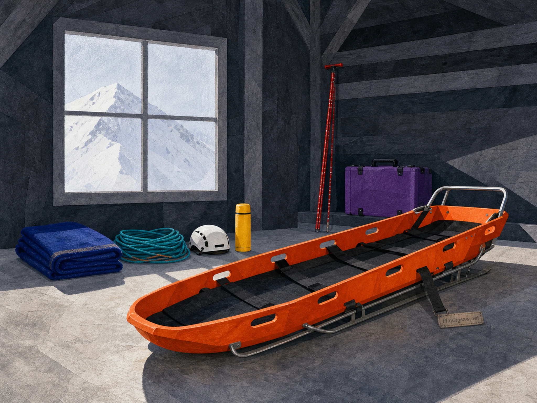 An alpine rescue depot with an orange sled, cobalt blanket, teal rope, white helmet, yellow thermos, red probe, violet case, snow ridge, and a PlayJigsaw.net strap label, rendered as cut-paper alpine poster gouache.