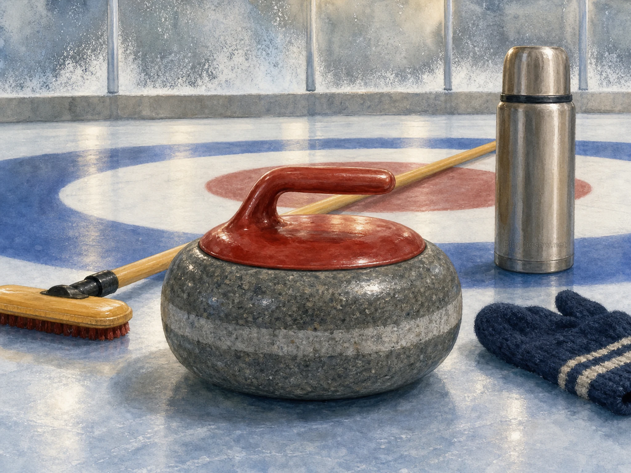 An indoor curling rink with a red curling stone, yellow broom, blue target ring, wool glove, small thermos, frosted barrier, overhead reflection, and a tiny in-world thermos etching