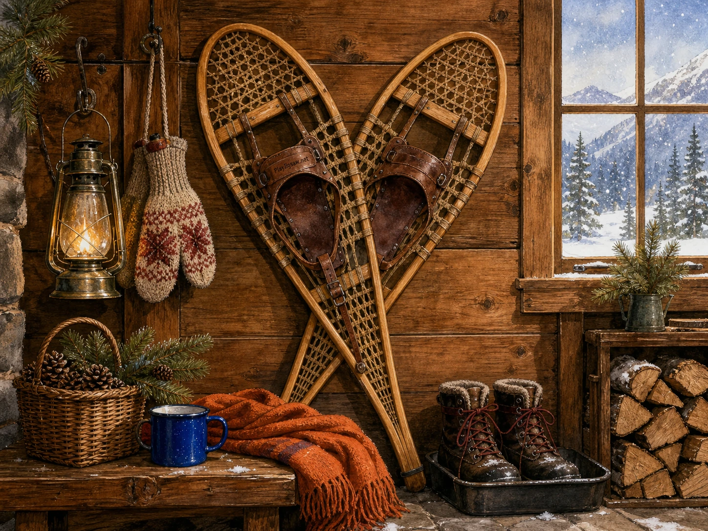 A warm wooden mountain cabin entry wall with crossed vintage snowshoes, wool mittens, lantern hook, pinecone basket, cobalt enamel mug, orange scarf, boot tray, snowy window, stacked firewood, and a subtle maker mark leather snowshoe strap 